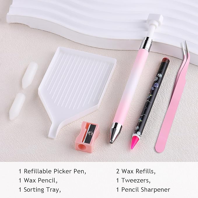 7PCS Rhinestone Picker Tool Kit, Refillable Wax Pencil with 2 Refills, Diamond Gem Picker Pen Applicator, Tweezers & Sorting Tray for Nail Art, Nail Charms & DIY Manicure Supplies