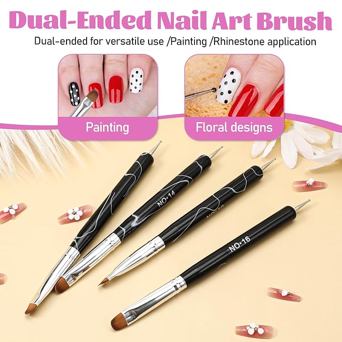 Jeffdad 4 Pcs Gel Nail Brush French Gel Acrylic Nail Art Brush with Dotting Tool Professional Manicure Brush Small Detail Painting 3D Acrylic Brushes (10# 12# 14# 16#, Black)