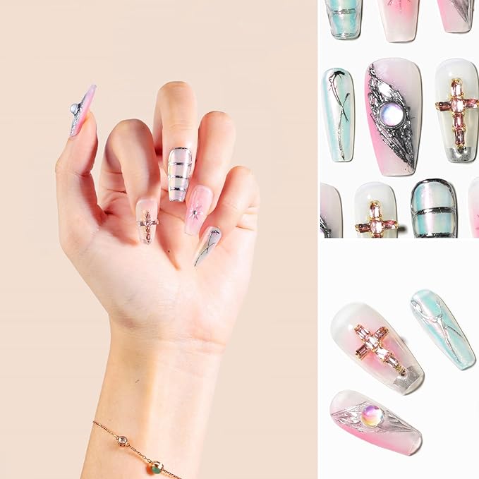 Sun&Beam Nails Handmade Press-on Medium Long Coffin Ballerina Pink Sliver Aurora Rhinestone Y2K Design False Nail Tips 10 Pcs (#137 M)