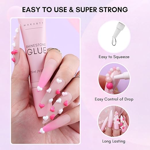 Makartt Nail Charms Rhinestone Glue Kit: 15ML Gel with 3D Heart Charm and Ball Decor for Nails Art Design DIY Acrylic Supply for Techs Decorations Gift Set