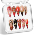 Handmade Press on Nails Medium Almond Fake Nail Unique 3D Floral & Cherry Designs Gold Rose Red Gradient Reusable Flower Stick on Nail Thicked French Tip Acrylic False Nails for Women (S)