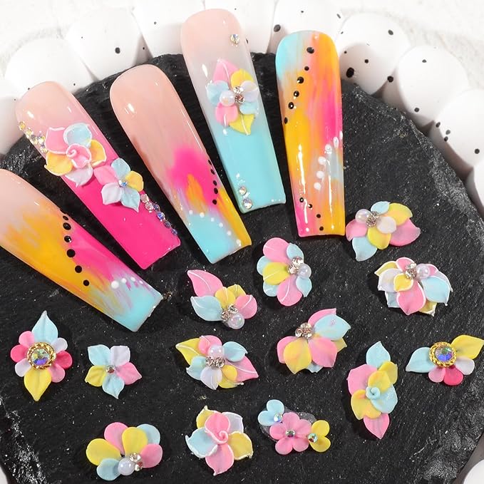 30PCS 3D Handmade Flower Nail Art Charms Advanced Handcrafted Cherry Blossom Flower Colorful Sculpted Floral Nails with Rhinestone Caviar Beads Design for Women Profession Nail Art Craft Jewelry
