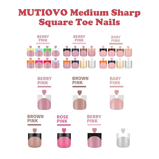 French Tip Toe Nail Tips Press on, Sharp Square Pre-Designed Soft Gel False Toenail Extension, BERRY PINK Pre-applied Tip Primer & Base Coat, Full Cover Acrylic for DIY x 15 Sizes 240 pcs