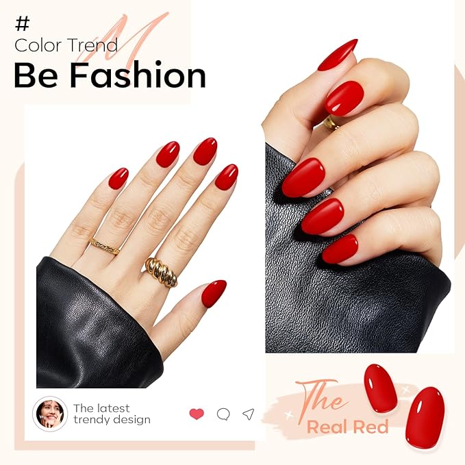 modelones Red Short Press on Nails Oval Fake Nails with Nail Glue, Adhesive Tabs, Nail File, Prep Pad, Manicure Stick, 32Pcs 16 Sizes, Women Girl Gift