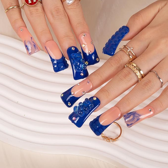 LOVFUL Press on Nails Little Blue Bear | Handmade with Full Covered Crystals | Reusable Full Cover Nails | Duck Classic Regular 1.3 in | H132-L