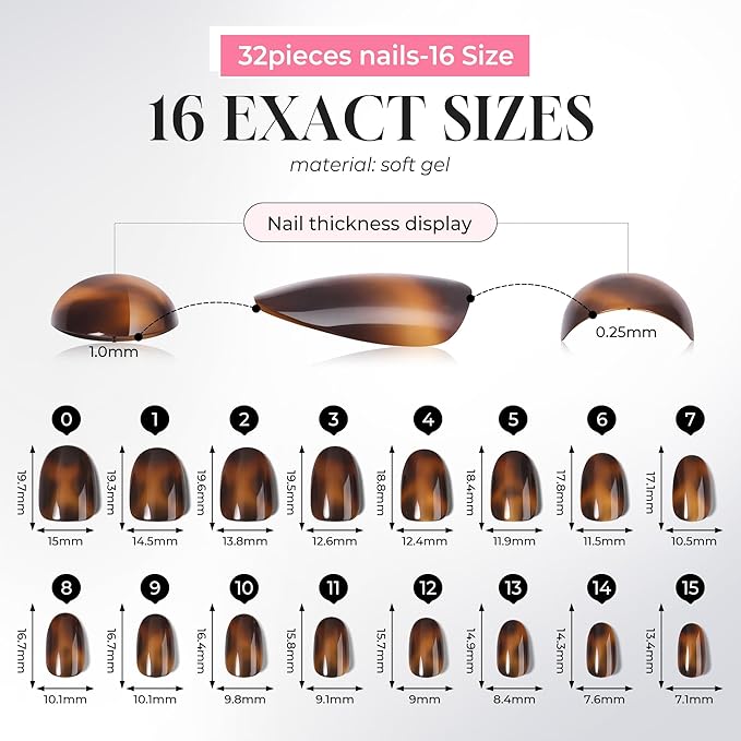 UNA GELLA 32Pcs Soft Gel Press on Nails - 16 Sizes Glossy Tortoise Shell Round Glue on Nails, Reusable Amber Pattern False Nails, Full Cover Acrylic Nail Kit for Women DIY Home Manicure