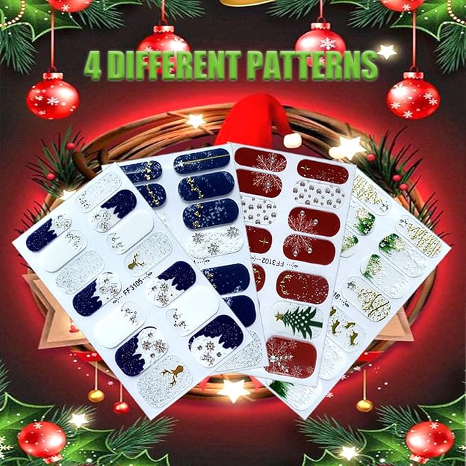 4 Sheets Christmas Nail Wraps Stickers 5D Charms White Snowflake Gel Nail Stickers Strips Self-Adhesive Winter Holiday Full Wraps with Xmas Trees Elk Reindeer Nail Polish for Women Acrylic Nails DIY