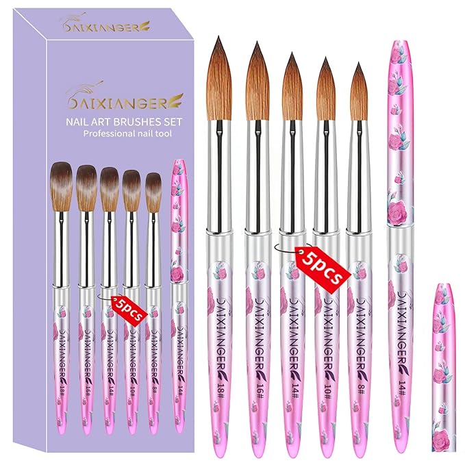 5PCS Valentine Acrylic Nail Brush Set - Size 8/10/14/16/18 Brushes for Acrylic Powder Application, 3D Carving & Nail Art Extension, Pink Flower Handle Nail Tools for DIY Salon Manicure