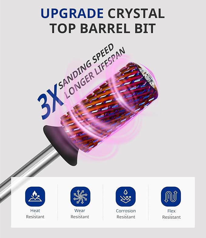 AIRSEE Tungsten Carbide Acrylic Nail Drill Bit Super Cut Bit Efile Electric File Machine Head Tip for Manicure Polishing Art Remove Gel Professional 3/32" Beginner Safety Crystal Top Barrel X Coarse
