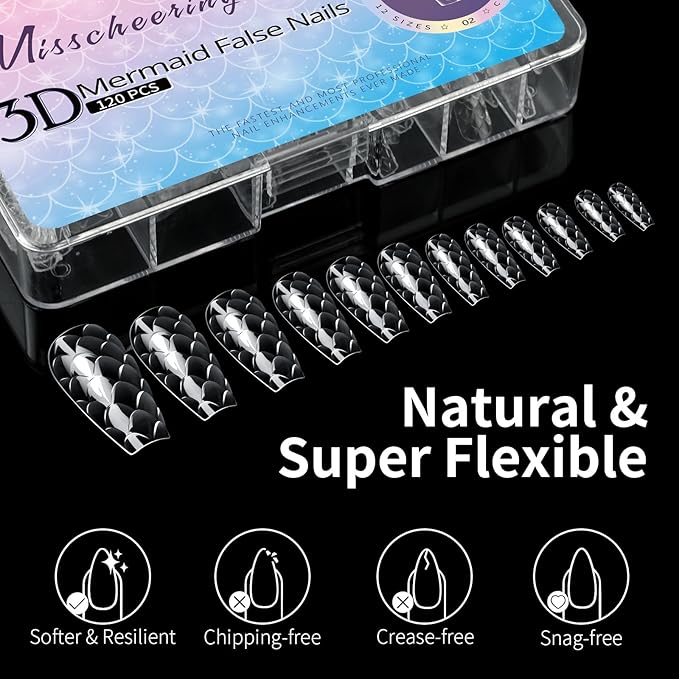 3D Diamond Shaped Polygel Nail, Extension Clear Full Cover False Nail Tips, Hybrid Gel Acrylic Nail, Diamond Fake Nails, 14 Sizes Building Artificial Press on Nail (Fish Scales 3, 120pcs)