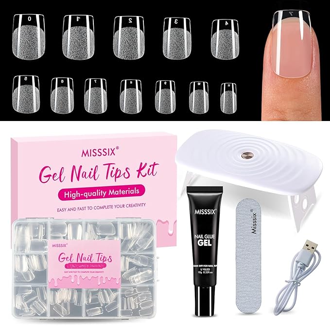 Misssix Extra Short Square Gel x Nail Tips Kit, 216Pcs Pre Etched Clear Fake Nails, Full Cover False Nail 9-in-1 Gel Glue and Portable Mini U V Nail Lamp for Women 12 Sizes