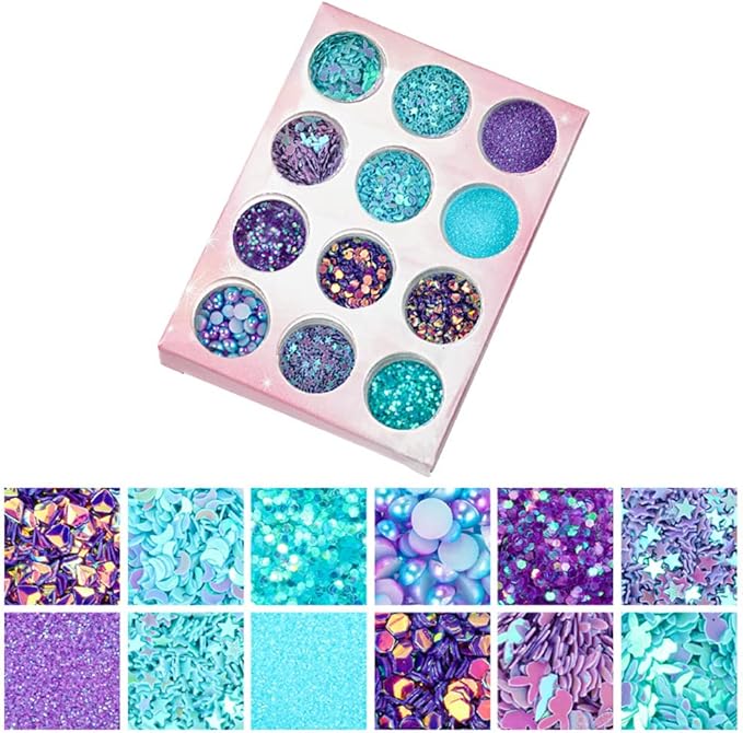 Nail Art Blue Glitter Sequins 3D Pearl Nails Shining Flakes Acrylic Powder Dust Chunky Flake 12Jars