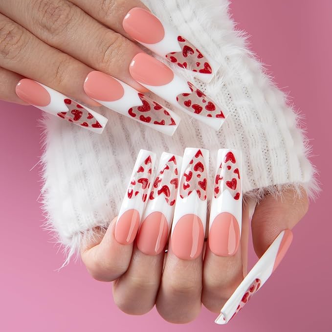LOVFUL Valentine's Press on Nails Glass Heart | Handmade with Full Covered Crystals | Reusable Fake Nails | Square Mid length 1.7in | H742-S
