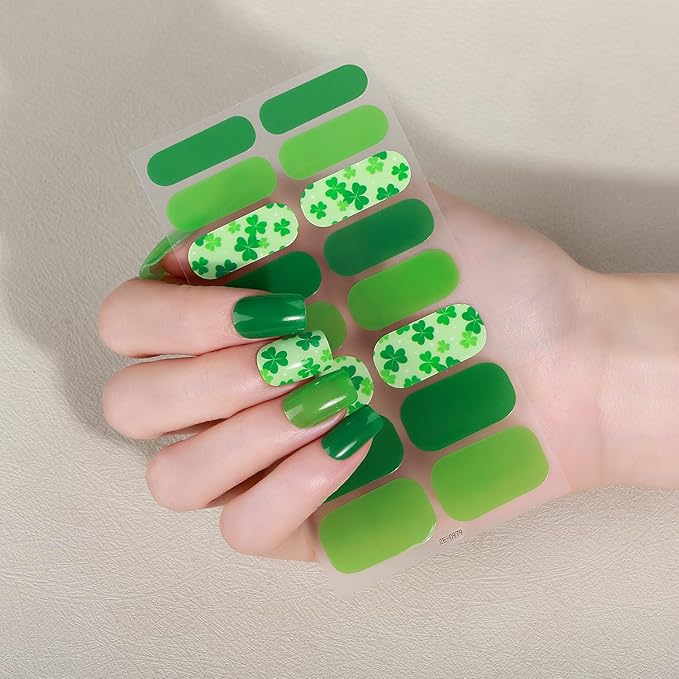4 Sheets St. Patrick 's Day Gel Nail Stickers Irish Lucky Shamrock Nail Wraps Stickers Green Glitter French Nail Polish Strips Full Wrap Nail Strips Saint Patrick's Day Nails Supply for Women Manicure