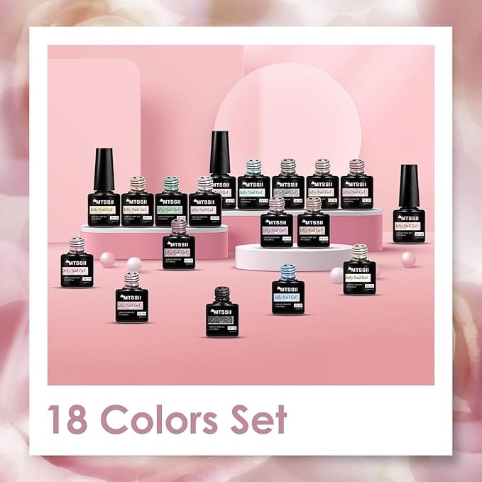 MTSSII 18PCS Jelly Gel Nail Polish Set Blue Pink Gel Polish Kit Nail Art Gift Set Clear Translucent Gel Polish Set Manicure Kit UV LED Soak Off for Home Salon Gift