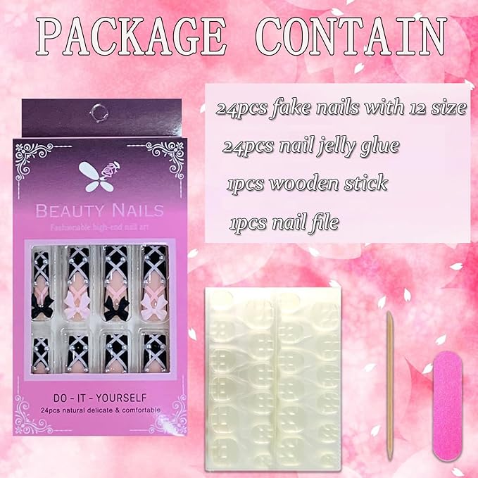 Press on Nails Coffin Long Length Acrylic Glossy Full Cover Square Shaped French False Nails with Designs Artificial Extra Long Fake Nails with Charms Glue ons Fingernails for Women(XXS285)