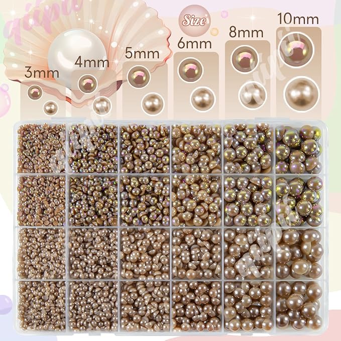 2 Styles Solid Brown+ Brown AB Flatback Pearls for Bedazzling Crafting 3mm-10mm Coffee Half Round Pearls Beads Gems Bedazzler Kit for Nails Face Eyes Makeup Tumblers Bottles DIY Crafts Shoes﻿﻿