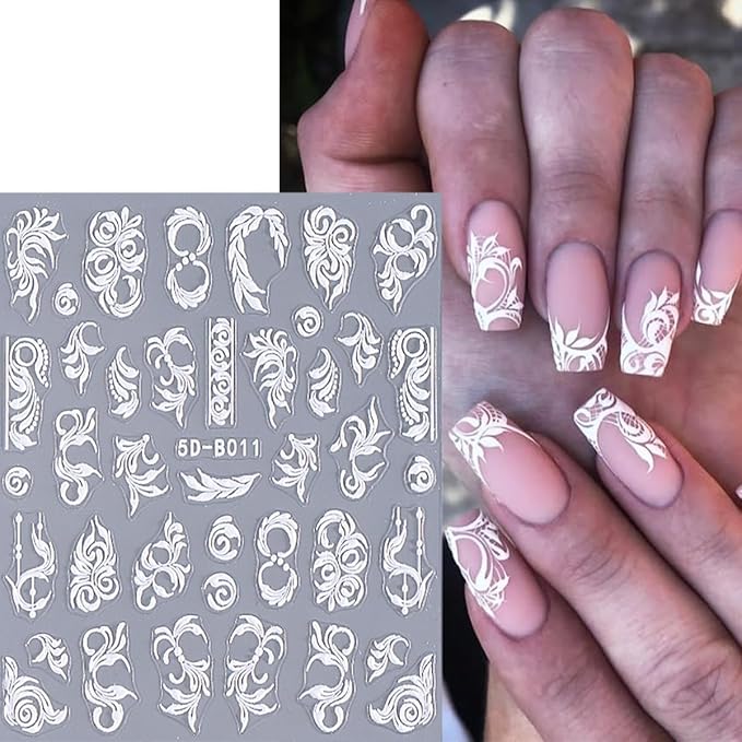 2 Sheets Embossed Flowers Nail Art Stickers Self-Adhesive White Vine Pattern Nail Supplies 5D Flower Nail Stickers for Nail Art Spring Floral Nail Decals for Women Girls DIY Nail Decoration