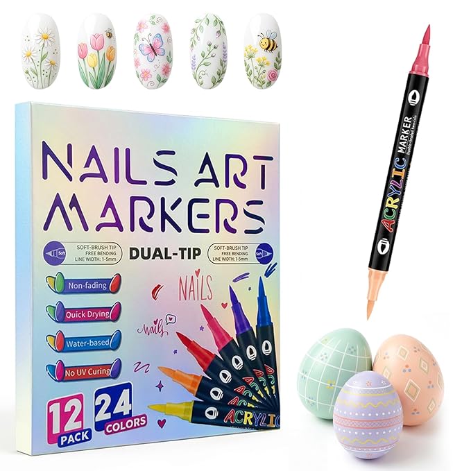24 Colors Dual-Tip Nail Art Pens Set, Easter Nail Art Markers, Quick-Dry Waterproof Acrylic Nail Polish Pens for Bunny & Easter Egg Designs, DIY Manicure Tools for Home & Salon, Easter Gift, 12 Count