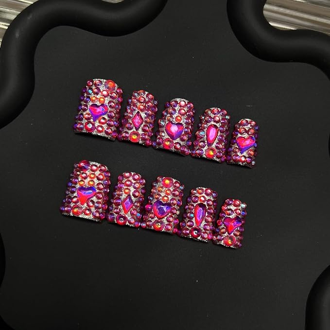 Handmade Press on Nails with Full Covered Luxury Rose Red Rhinestone Crystals False Nails Designs Reusable Muti-Layer Gel Stick on Nail Short Duck Thick Acrylic Fake Nails for Women（S)