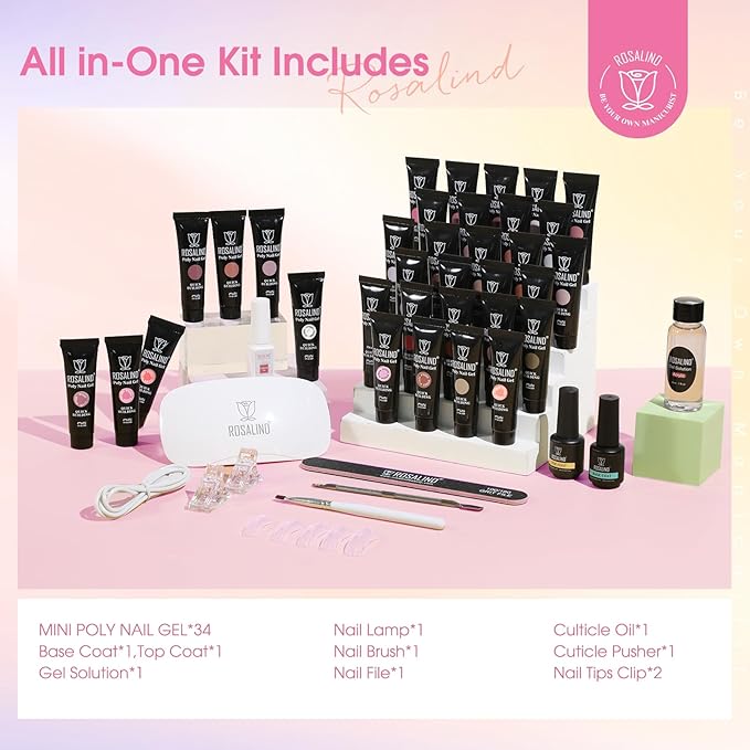 ROSALIND Coloful Poly Nail Gel Kit -34 Colors + Neon Accessories Clear Nude Poly Nails Gel Starter Kit with Mini UV Lamp Slip Solution Fall Colors Halloween Poly Extensions Kit