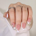 French Tip Press on Nails Almond Short Fake Nails Flower False Nails with Designs Rhinestones Glossy Full Cover Acrylic Glue on Nails Cute Artificial Stick on Nail for Women Manicure 24Pcs