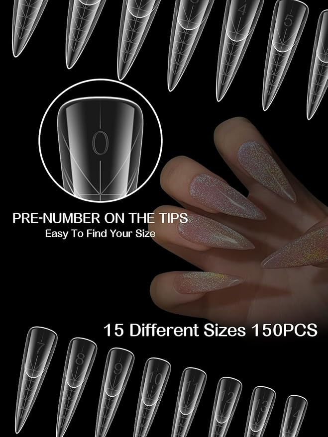 TOROKOM 150Pcs Poly Extension Gel Dual Nail Forms Clear Nail Forms Full Stiletto Nail Molds 15 Sizes for Gel Manicure Nail Art Design Salon&DIY
