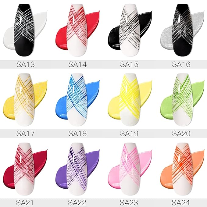 MEET ACROSS 12 Colors Spider Gel for Nail Art With Liner Brush, Soak off UV LED Elastic Drawing Gel, Nail Art Design Paint