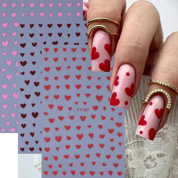 6 Sheets Valentines Nail Stickers for Nail Art 3D Self-Adhesive Red Pink Mini Heart Nail Art Stickers Romantic Love Hearts Nails Designs Supplies for Women Valentine Holiday Nails Decorations
