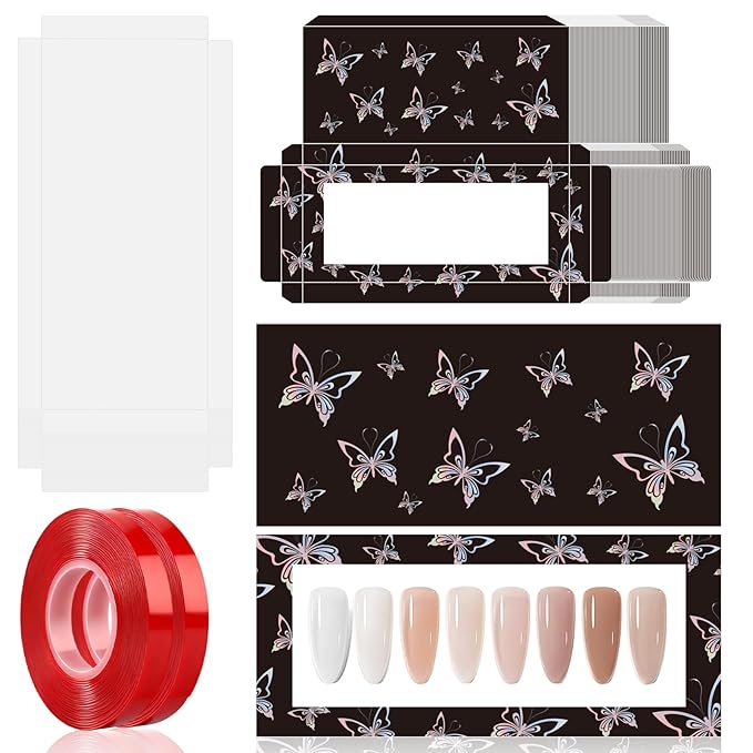 ANGNYA 72PCS Empty Press On Nail Packaging Box Contains 35PCS Butterfly Press On Nail Boxes, 35PCS White Display Cards, 2PCS Double Sided Tapes, Nail Tip Storage Case for Press-on Nail Business