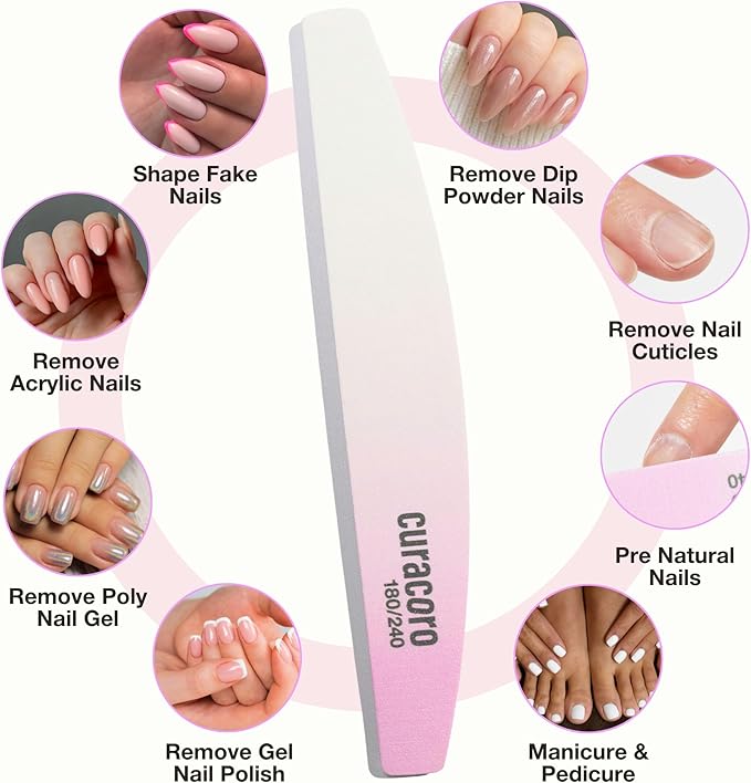 Curacoro 10 PCS Nail File - Professional Half-Moon Nail Files Double Sided Emery Board (80/100 Grit), Washable Nail Files and Buffers, Smooths & Shapes Nails, Manicure & Pedicure Buffing Tools