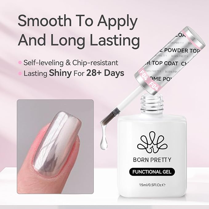 Born Pretty Top Gel for Chrome Nail Powder, 15ml Top Gel for Metallic Gel Nail Polish, Shine Finish and Long Lasting, Soak Off Nail Lamp Gel Nail Art Design