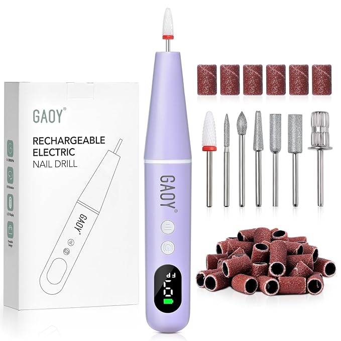 GAOY Cordless Electric Nail File, Nail Drill with LED Display for Acrylic Gel Nails, Hand Feet Trimmer Buffer Tool, Violet Purple
