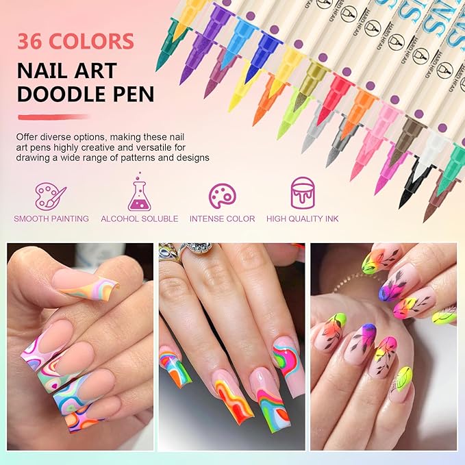 36 Colors Nail Art Pens Set, 3D Nail Polish Pens Quick-Drying Acrylic Paint Markers,For Nail Art Drawing Painting Nail Point Dotting Liner Pen, Nail Design Kit Manicure Tools Home & Salon DIY