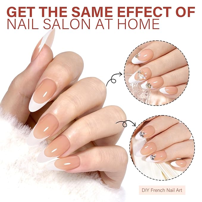 AILLSA French Gel Nail Tips,180 Pcs French Tip Press On Nails Medium Almond, Pre-Applied Primer & Base Coat, No Need File, Almond Fake Nails Press ons with Designs 15 Sizes