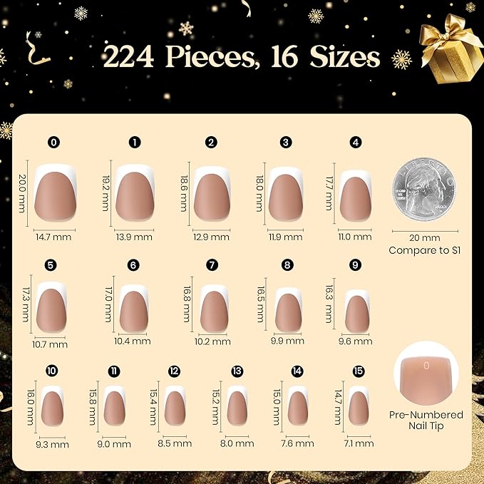 Beetles French Tips Press On Nails: 224 Pcs Brown French Tip Nails Short Squoval Fake Nail Tips,Soft Gel Nail False Nails,DIY Nail Art Salon Quality Manicure Gift For Women