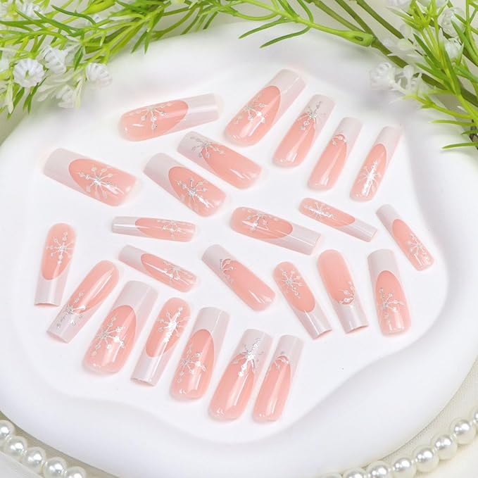 White French Tip Press on Nails Long Square Fake Nails Press ons with Snowflake Designs Winter Glue on Nails Acrylic Full Cover Glossy Acrylic Stick on Nails for Women 24 Pcs