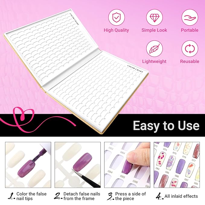 Segbeauty 308 Color Nail Color Sample Swatches Book, Nail Polish Display Swatches Book Gold, Gel Press On Nails Organizer Case with 240 False Fingernail Polish Holder Art Salon Storage Boxes Cases