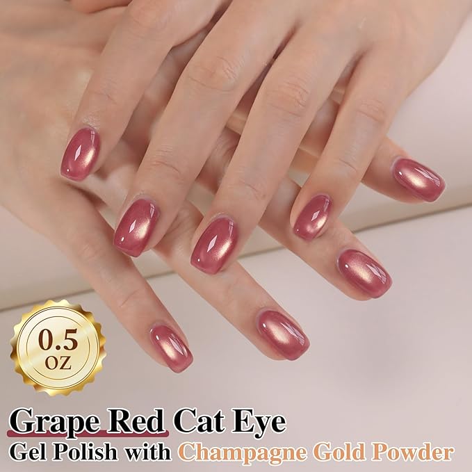 Double Rhythm 0.5 Oz Cat Eye Gel Polish with Magnet Same Color Same Bottle Holographic Glitter Shimmer Translucent Color Salon 15 ML Magnetic Nail Art (Grape Red-MC1270)