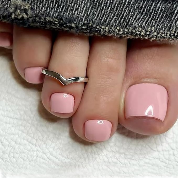 Modelones Press on Toenails Short, Soft Pink Toe Press on Nails Square, Reusable Nail Kit with Nail Glue Adhesive Tabs Mini Nail File, Toe Nails 36Pcs 18Sizes, Spring Women Girl Gift