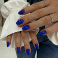 KQueenest Press On Nails Short - Bright Vibrant Blue Press On Nails Oval, 32 Pcs 16 Sizes Natural Short Fake Nails Press ons Almond, Reusable Glossy Navy Blue Glue on Nail with Glue for Everyday Wear