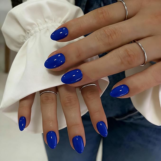 KQueenest Press On Nails Short - Bright Vibrant Blue Press On Nails Oval, 32 Pcs 16 Sizes Natural Short Fake Nails Press ons Almond, Reusable Glossy Navy Blue Glue on Nail with Glue for Everyday Wear