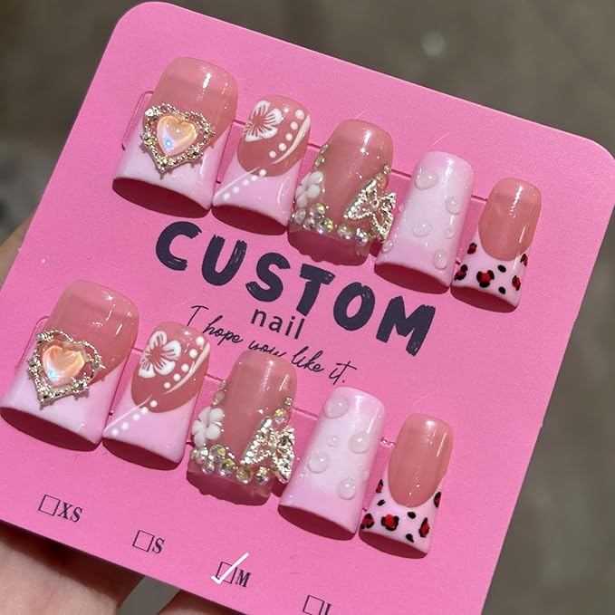 10Pcs Pink Handmade Press on Nails Duck Fake Nails French Tip False Nails with 3D Heart Butterfly Rhinestone Design Acrylic Duck Nails Press ons Medium Reusable Stick on Nail for Women (M)