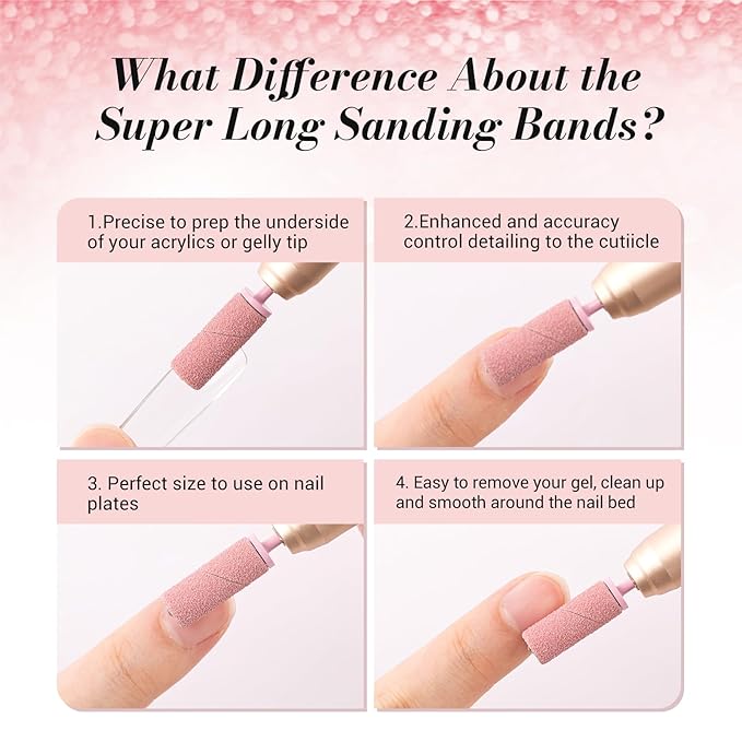MelodySusie 50 Pcs Nail Drill Bits Super Long Sanding Bands with 6.65mm Crystal Mandrel Bit, 120 Medium Grit Nail File for Acrylic Nails Gel Manicures and Pedicure, Pink