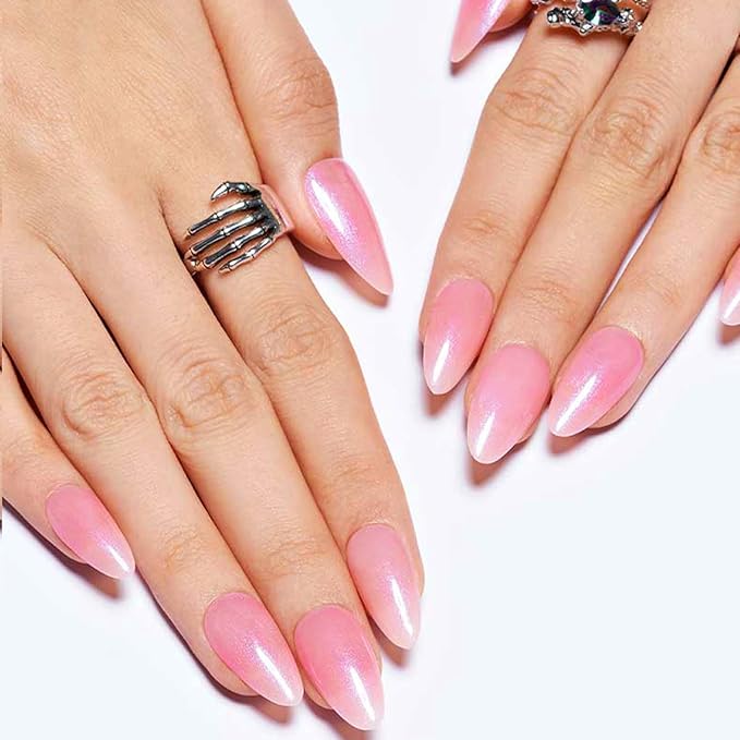 GLAMERMAID Pearl Pink Press on Nails Medium Almond, Handmade Nude Pink Neutral Jelly Sofy Gel Glue on Nail Stiletto, Glossy Fake Nails Short Oval，Reusable Acrylic Stick on False Nail Kits for Women