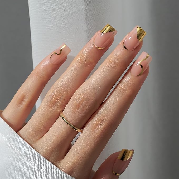 BTArtbox Press On Nails Short Square - Gold Designed Press On Nails, Winter Glue On Nails for Women Gifts, Natural Fake Nail with Glue, Glue On Nails in 16 Sizes - 30 Nail Kit, Gold Leaf