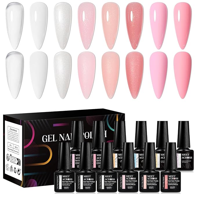 MEET ACROSS Rubber Base Gel Set 12 Pcs, 8 Colors Jelly Builder Base Nail Gel Nude Sheer White Pink Shimmer, 2-in-1 Soak Off Base Gel Nail Strengthener