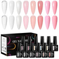 MEET ACROSS Rubber Base Gel Set 12 Pcs, 8 Colors Jelly Builder Base Nail Gel Nude Sheer White Pink Shimmer, 2-in-1 Soak Off Base Gel Nail Strengthener