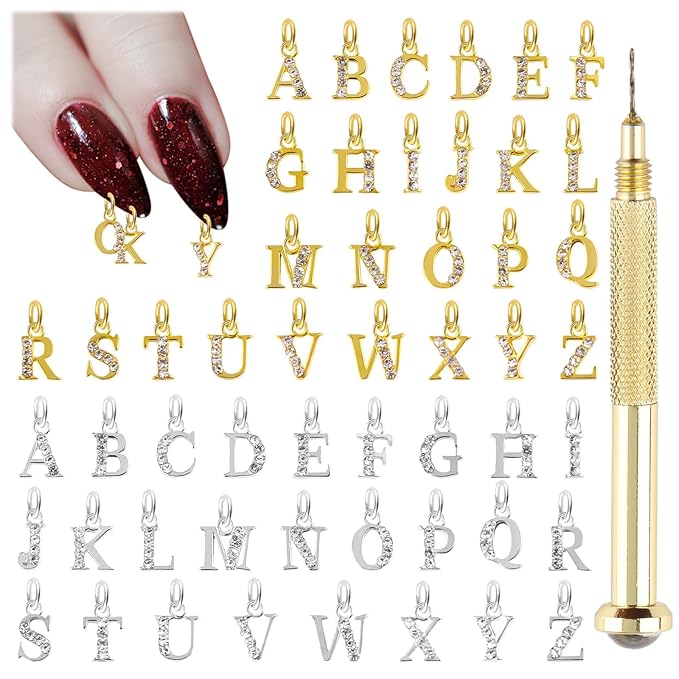 Kalolary Letter Dangle Nail Charm for Valentine's Day, 3D Piercing Alphabet Rhinestone Alloy Jewelry Hoops with Nail Piercing Tool Hand Drill for Birthday Nail Art Decoration