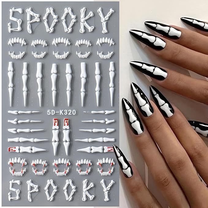 5D Halloween Nail Stickers Embossed Nail Art Decals Cute Ghost Pumpkin Stars Moon Clown Spooky Hand Skeleton Fall Design Self-Adhesive Supplies DIY Holiday Manicure Decoration for Women 4 Sheets